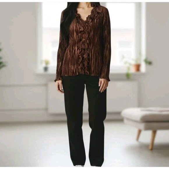 Toffee Apple Brown Satin Crinkle Ruffle Shirt XL Fairy Office Whimsigoth Regal - Picture 2 of 7